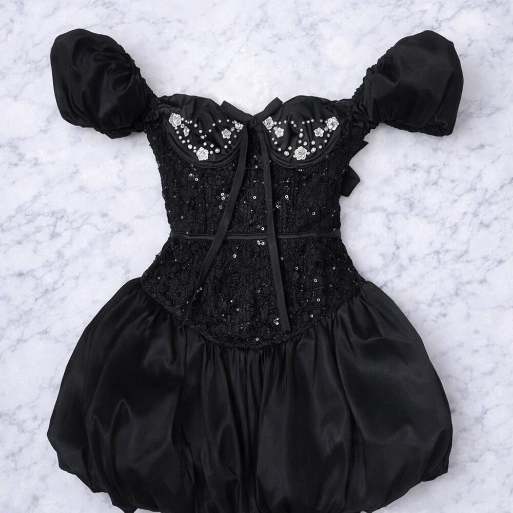 For Love & Lemons McKenna Bubble Hem Mini Dress Black Puff Sleeve Corset Dress